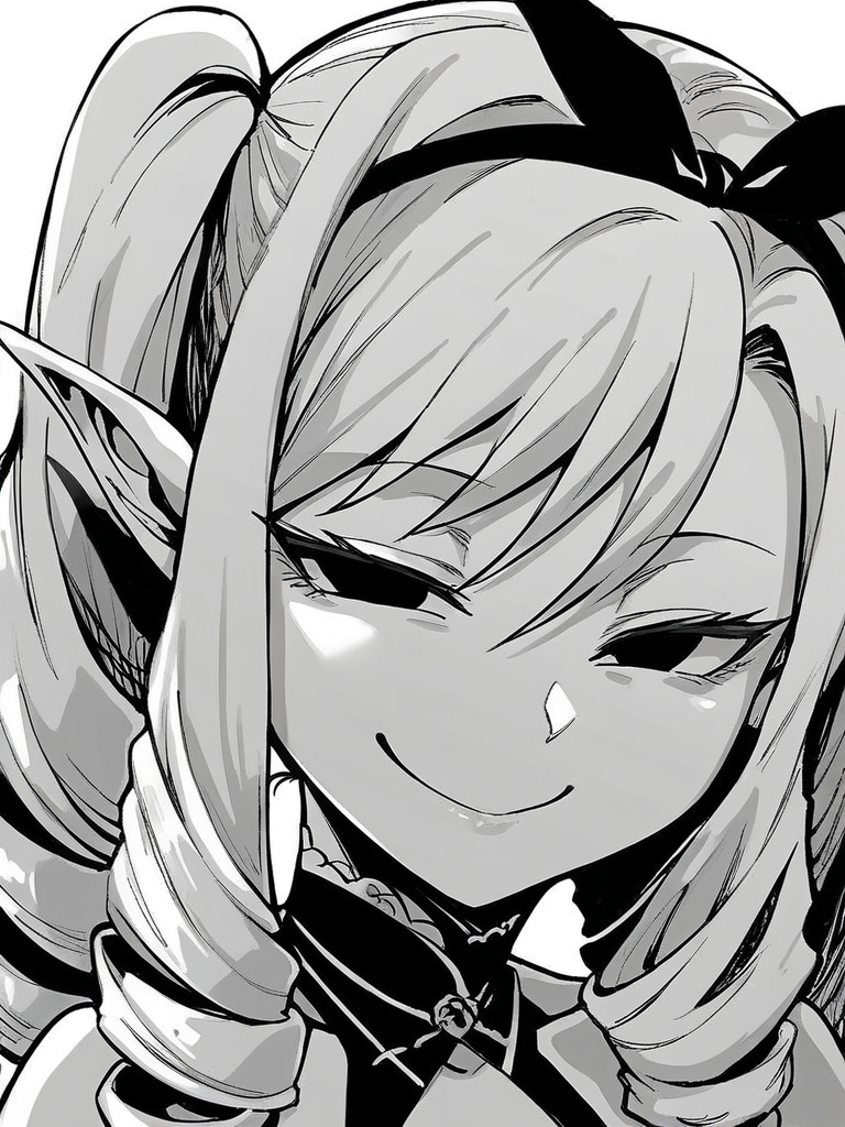score_9, score_8_up, score_7_up,  
1girl, monochrome, shaua nm, pointy ears, white hair, twintails, drill hair, ribbon hairband,
face, close-up, black eyes, narrowed eyes, evil smile, looking at viewer, closed mouth, white background, black dress, halterneck,
