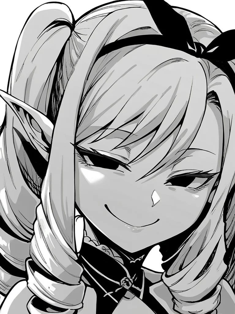 score_9, score_8_up, score_7_up,
1girl, monochrome, shaua nm, pointy ears, white hair, twintails, drill hair, ribbon hairband,
face, close-up, black eyes, narrowed eyes, evil smile, looking at viewer, closed mouth, white background, black dress, halterneck,