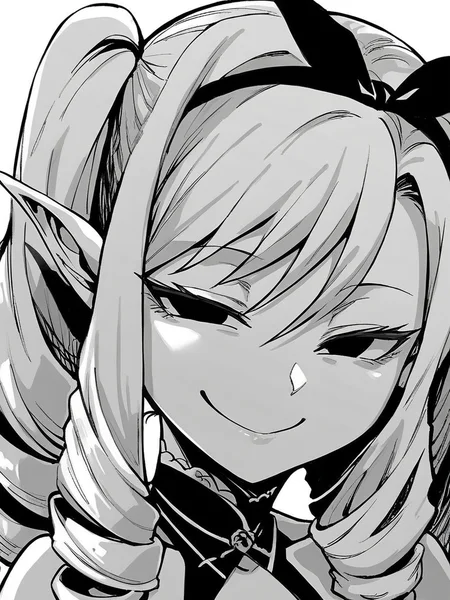 score_9, score_8_up, score_7_up,  
1girl, monochrome, shaua nm, pointy ears, white hair, twintails, drill hair, ribbon hairband,
face, close-up, black eyes, narrowed eyes, evil smile, looking at viewer, closed mouth, white background, black dress, halterneck,
