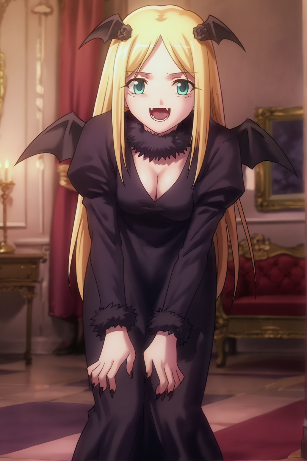 score_9, score_8_up, score_7_up,anime_source, source_anime, best background, detailed background, anime screencap,  Dark Renner, fur collar, fur trim, fangs, cleavage, black dress, long sleeves, solo, bat wings, indoors, night, outdoors, castle, bent over,  <lora:JN_Takeuchi_Takashi:0.8> <lora:JN_Dark_Princess_Renner:0.8>