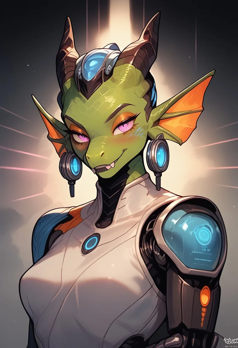 (easynegative:0.2 ) ,(score_9), score_8_up, score_7_up, , (anthro dragon), (bright green scales), glossy scales, purple eyes, playful look, friendly expression, extremely detailed, source_furry, female, a human dragon hybrid, horse nostrils, full seductive lower lip, 1girl, smile, fangs, happy, extremely detailed, ((very large ear fins)):1.4, one tall blue head spike, yellow back spikes, detailed body scales, ((right arm focus, cybernetic right forearm)):1.4, strong athletic feminine body, small athletic breasts, toned arms and legs, long sexy tail, coy smile, tired eyes, exquisite feminine body, (bedroom eyes, naughty face, seductive, blush), thin narrow waist, wide hips, stunning sexy, posing elegantly, blue bodysuit, chunli alternate costume, vox machine style, 1girl, female focus, solo, fantasy, futuristic utopian city and environment, detailed landscape, extreme detailed, ( (dynamic lighting:1.1) ((masterpiece)) (dynamic lighting:1.1) ((masterpiece)) godrays, (highly detailed:1.2), (intricate:1.2), (best quality:1.2),(8k:1.2), (sharp:1.2), (majestic:1.2), natural lighting, detail++,