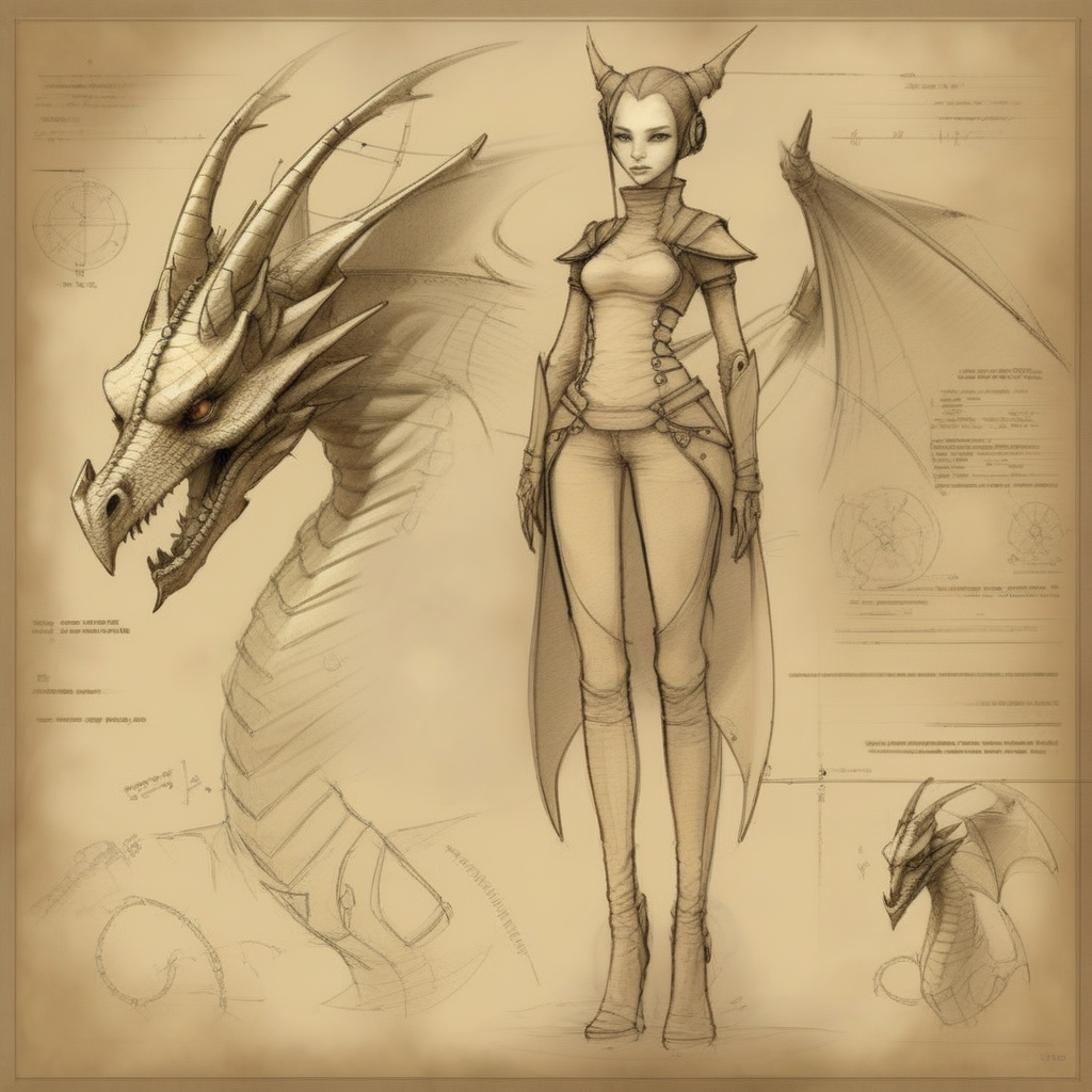 futscribe dragon girl technical sketch old paper<lora:futscribe:1>