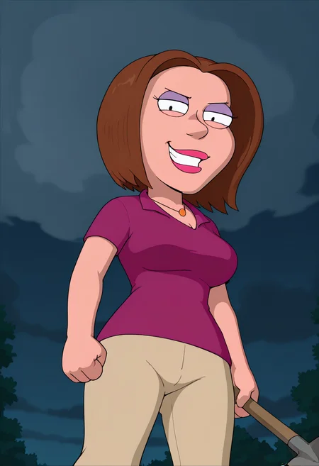 masterpiece, best quality, amazing quality, gr3tch3nm, 1girl, brown hair, necklace, purple polo shirt, beige pants, holding shovel, clenched hand, looking at viewer, evil smile, from below, night, cloudy sky,