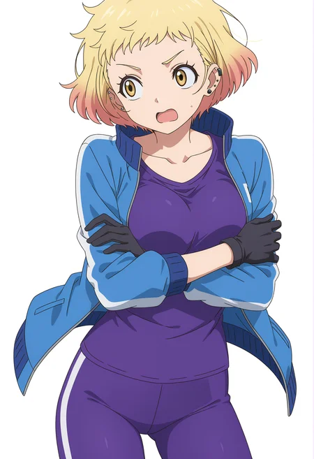 <lora:Mario Nachi_v1-000020:1>,
Mario_NACHI_\(Medalist\),solo,blonde hair,jacket,white background,short hair,piercing,crossed arms,ear piercing,earrings,simple background,jewelry,gloves,multicolored hair,purple shirt,yellow eyes,short bangs,open jacket,open clothes,black gloves,open mouth,track jacket,collarbone,gradient hair,blue jacket,cowboy_shot,purple yoga_pants