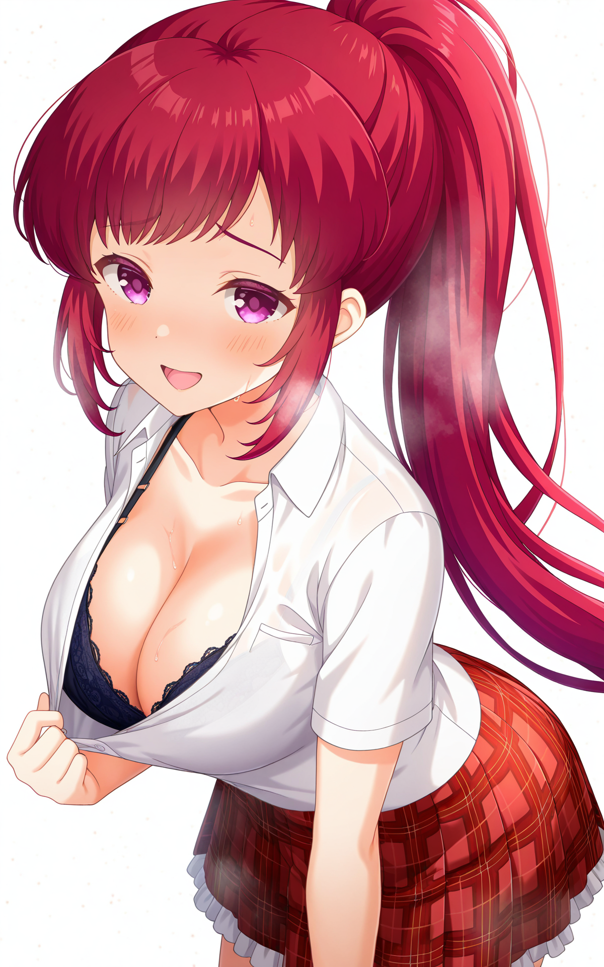 masterpiece, best quality, good quality, newest,4k, perfect lighting, cinematic, very aesthetic, official art, anime screencap, anime coloring,(((white background, simple background))),
1girl,solo,asami kei,long hair,red hair,ponytail,purple eyes,large breasts,thighs,
seio school uniform,white shirt,collared shirt,short sleeves,red skirt,plaid skirt,frilled skirt,miniskirt,upper body,cleavage peek,bra strap slip, 
looking at viewer,naughty face,open mouth,steam,sweat,shirt pull,pulled by self,arm at side,BREAK
<lora:ILkei:1>