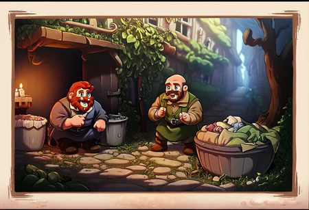 score_9, score_8_up, score_7_up, 8k, (very detailed), medieval tapestry style, high detailed texture, high depth of field, photo-realistic, bald male, (((trash Hobbit))), (hobbit), ((traveling merchant in video game)), enchanted, medieval setting, very detailed, candle lighting, a shaved head. no hair on top of head, husky, has a (((beard similar to Abe Lincoln))) ((without a mustache)) but a Nordic face. The beard does not cover the prominent dimples on his cheeks. deep blue eyes, framed by long eyelashes. His cheeks are adorned with big dimples. Full body, (Gnome, short stature), Perfect Hands, perfecteyes, trashpeople