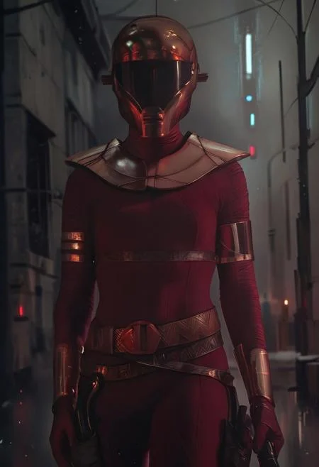 score_9, score_8_up, score_8_up, masterpiece, high detail, best quality, 1girl, solo, Zorii Bliss from Star Wars, standing, looking at viewer, helmet, maroon bodysuit, bronze armor, shoulder plates, bracers, belt with buckle, tight holsters, dual holsters, holding gun, knee-high boots, leather boots, cowboy shot, walking, outside, futuristic city, snow, detailed background