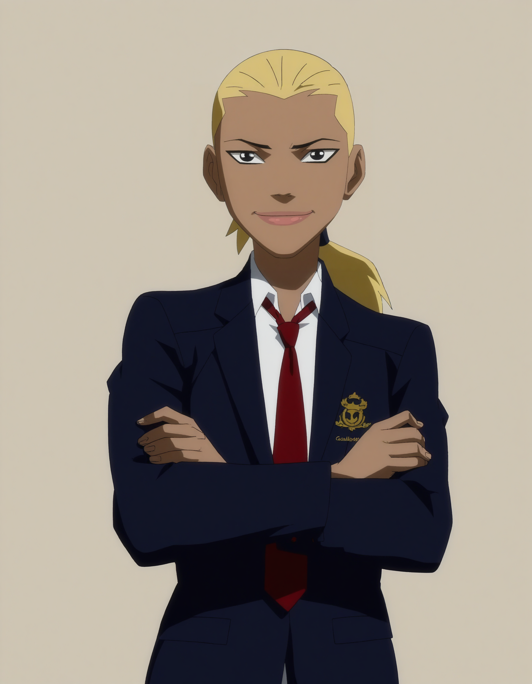 front_view, upperbody, <lora:modern_anime_screencap_v1_0:0.8> anime screencap, (highres, best quality), zPDXL, 1girl,
<lora:art3m1s:1> art3m1s, 1girl, solo, low ponytail, looking at viewer, gentle smile, closed mouth, posing for photo, crossed arms, 
s_uniform, blue blazer, skirt, red tie, 
<lora:Pony_DetailV2.0:0.5>
megami monthly magazine cover, pinup, white background,