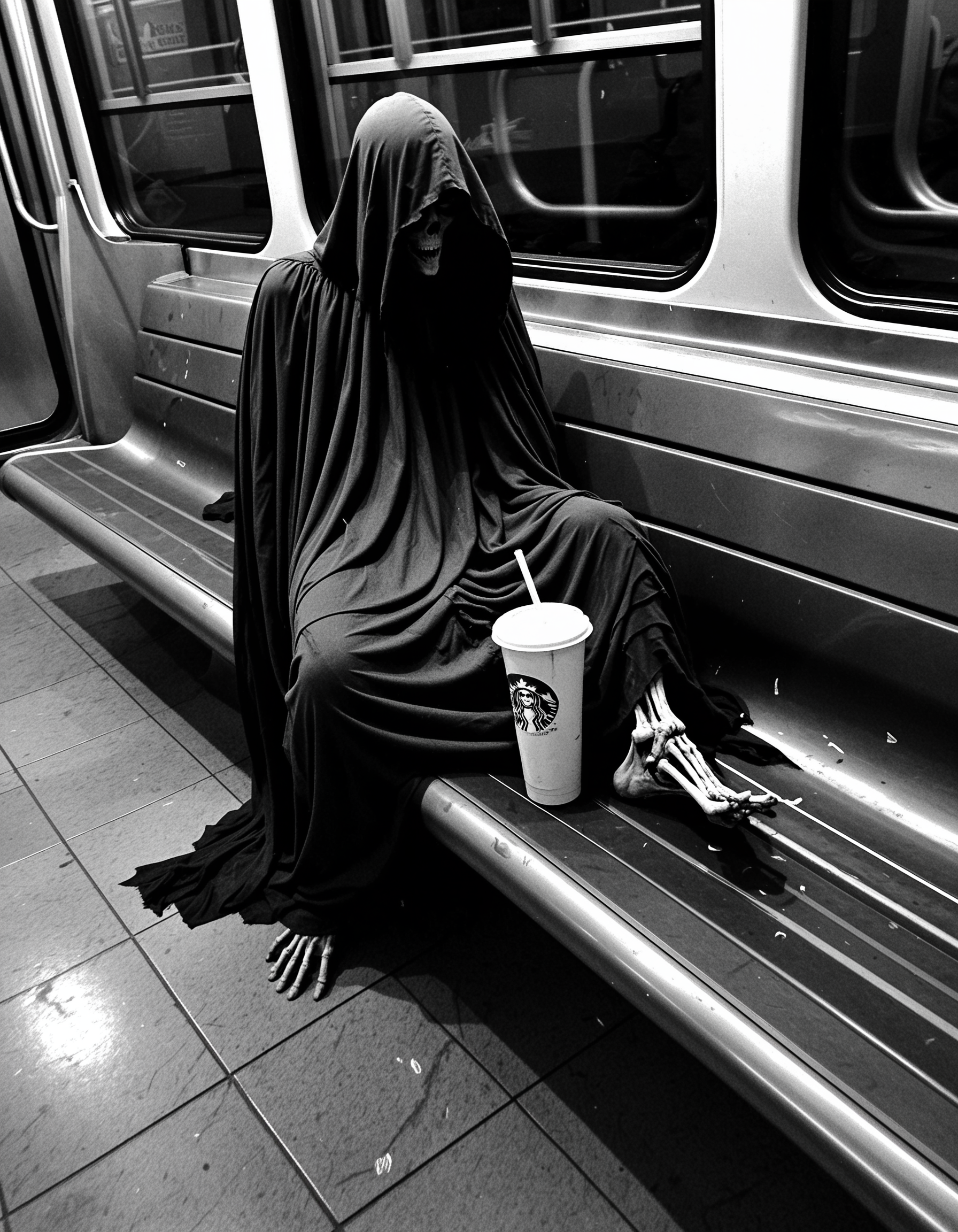 A candid, grainy photo of a Dementor slouched alone on a dirty subway bench, taken from a few seats away with a smartphone. The Dementorâs black, tattered cloak drapes over the edge of the plastic seat and pools on the gritty floor. One skeletal hand loosely holds a nearly empty iced coffee cup. The lighting is harsh and uneven from old fluorescent bulbs, with slight flickering. The floor is littered with crumpled napkins and an empty bottle rolling near the Dementorâs feet. The image is shot on iPhone, with soft motion blur, low-light grain, and imperfect composition â as if someone took it quickly and nervously. The vibe is eerie yet mundane â like spotting something out of place on your commute but pretending itâs normal. <lora:epiCRealnessRC1:1>