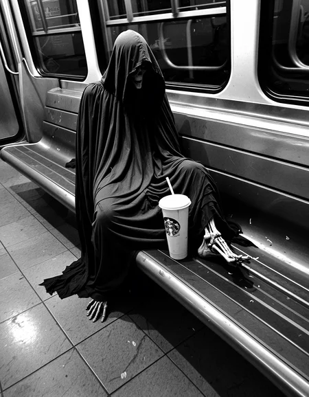 A candid, grainy photo of a Dementor slouched alone on a dirty subway bench, taken from a few seats away with a smartphone. The Dementorâs black, tattered cloak drapes over the edge of the plastic seat and pools on the gritty floor. One skeletal hand loosely holds a nearly empty iced coffee cup. The lighting is harsh and uneven from old fluorescent bulbs, with slight flickering. The floor is littered with crumpled napkins and an empty bottle rolling near the Dementorâs feet. The image is shot on iPhone, with soft motion blur, low-light grain, and imperfect composition â as if someone took it quickly and nervously. The vibe is eerie yet mundane â like spotting something out of place on your commute but pretending itâs normal. <lora:epiCRealnessRC1:1>