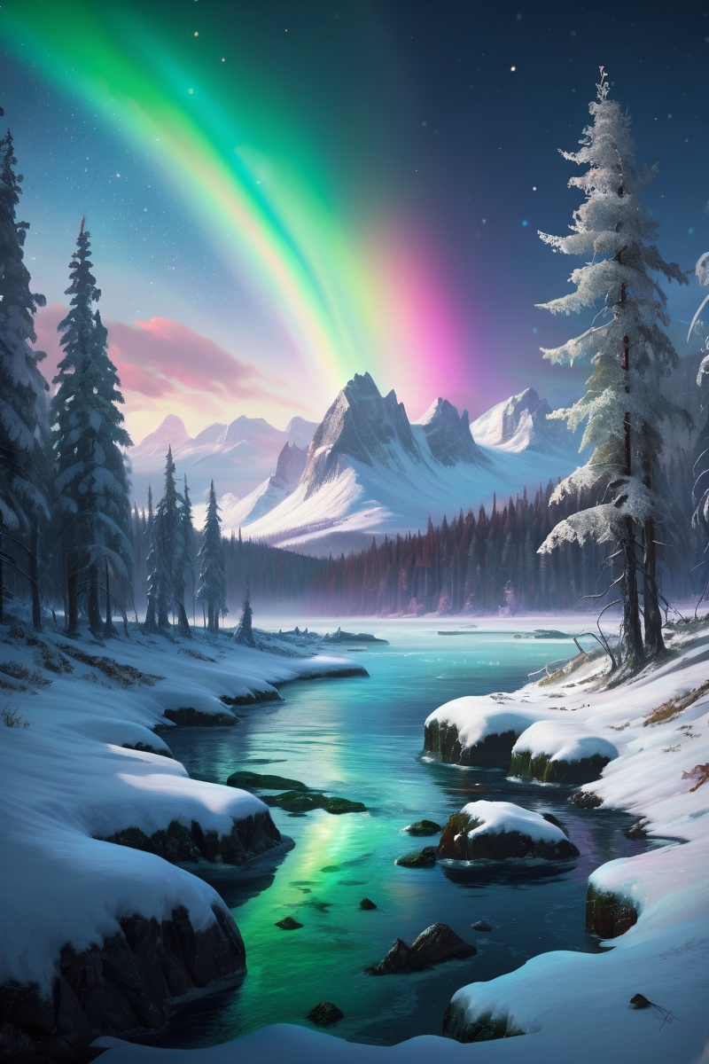 snow-covered winter forest with northern lights ,alchemical wastelands where acid lakes bubble with failed philosopher's stones, the horizon dominated by mercury cyclones, frozen lake, rainbow midnight,weather foggy from behind cinematic view, epic sky, detailed, concept art, medium angle, high detail, warm lighting, volumetric, godrays, vivid, beautiful, trending on artstation, by wlop, huge scene, grass,flower, art greg rutkowski,