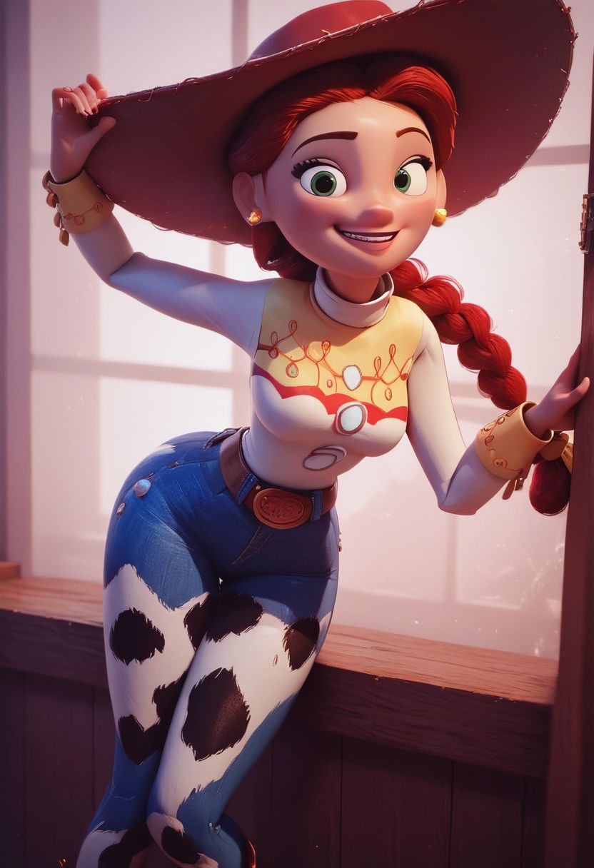 score_9, score_8_up, score_7_up, score_6_up, score_5_up, score_4_up, 1girl, jessie from Toy Story, closeup portrait, Andy s room, looking at viewer, big smile, soft cozy warm lighting, narrow hips, source_pixar, 3D animation, cowboy hat, red hair, braid, bow, belt, cow print bootleg jeans, boots, (((round face))), JessieXLP