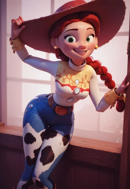score_9, score_8_up, score_7_up, score_6_up, score_5_up, score_4_up, 1girl, jessie from Toy Story, closeup portrait, Andy s room, looking at viewer, big smile, soft cozy warm lighting, narrow hips, source_pixar, 3D animation, cowboy hat, red hair, braid, bow, belt, cow print bootleg jeans, boots, (((round face))), JessieXLP