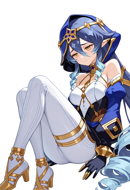 masterpiece,high quality details, absurdres,
 <lora:Layla:0.8>
layla_cnr, 1girl, blue hair,very long hair, twin drills, drill locks, pointy ears, yellow eyes, hair between eyes, sidelocks,medium breasts, 
hood up, dress, detached sleeves,puffy long sleeves,bare shoulders,black gloves, thighlet,claw ring,gold choker, gold trim,high heels, white pants,, simple background, white background, dutch angle,solo,, annoyed,sad,