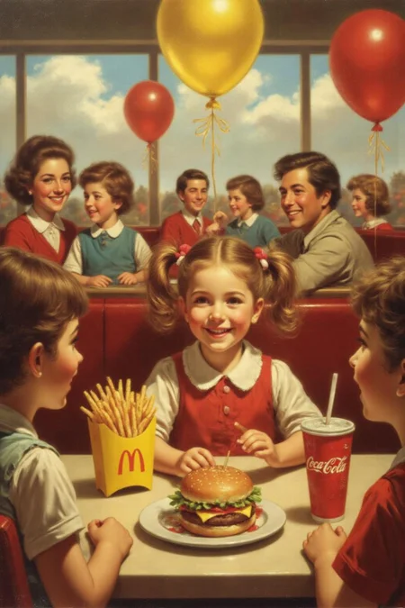 jore1 painting
of a four-year-old girl with twin pigtails is celebrating her birthday at McDonald's, a place that feels like a magical playground for children. The joy on her face is unmistakable as she sits at a table set with a colorful array of items: crispy McDonald's fries in a bright yellow packet, a refreshing cup of Coca-Cola, and a juicy hamburger wrapped in its iconic packaging. Her pigtails bounce playfully as she moves, adding to the lively atmosphere. The table is also adorned with festive decorations, including balloons and streamers that match the vibrant McDonald's red and yellow color scheme. Family members gather around, their smiles reflecting the warmth and love of the occasion. The lighting inside the restaurant is soft yet bright, creating a welcoming environment that highlights the happiness of the moment. This scene captures the pure delight and excitement of a young child's birthday celebration, set against the backdrop of a beloved fast-food chain, where simple pleasures bring immense joy <lora:jore1_cap_d6a3e12:1.0><lora:818379548652651205:0>