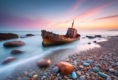 a minimalist long exposure art photo, in the foreground is the sea with an old sunken iron ship between small rocks, the sea is smooth, the color of still milk, a feeling of infinity, the background is just the sky except for a vague horizon line, the sky is pastel colored with a few pink orange pastel silky clouds occupying 1/3 of the photo, beautiful bioluminescent beach with multicolored pebbles in the foreground, morning sunrise ambience, silky waves glow with pastel light on the rocks, long exposure, shot from below, high key technique, copper-colored lateral light shines on the wreck, award-winning masterpiece, high detail, sharp sharp sharpness, 8K, photographer Akos Major style art colors, lights, atmosphere, ambients