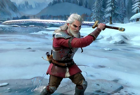 geralt as a (r0b0t_s4nta_c1aus), holding a sword, solo,
high guard sword parry stance, incoming vertical sword attack
at a frozen lake,
game screenshot,
looking at the camera,
sfw