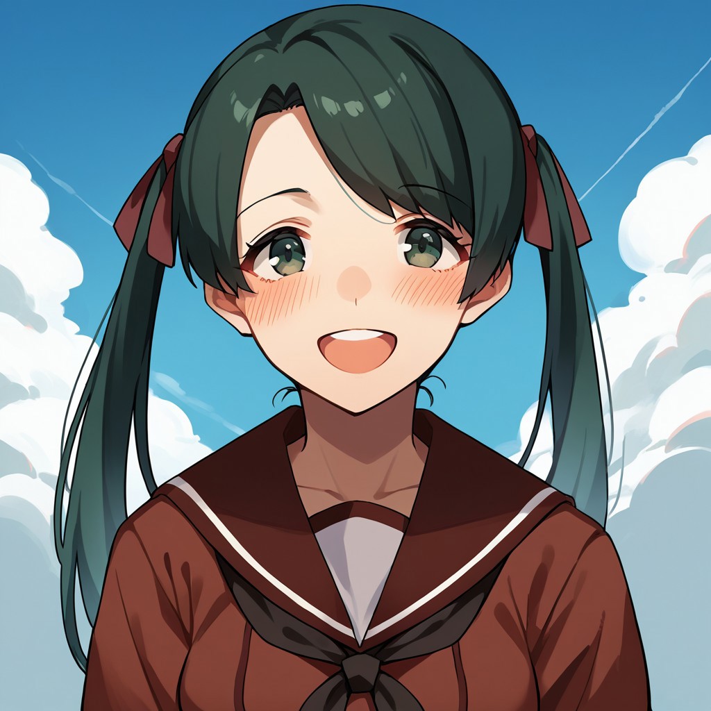 score_9, score_8_up, score_7_up, source_anime, mikuma (kancolle), twintails, sky, medium breasts, sailor collar, school uniform, POV, looking at viewer, blush, smile, open mouth, upper teeth only