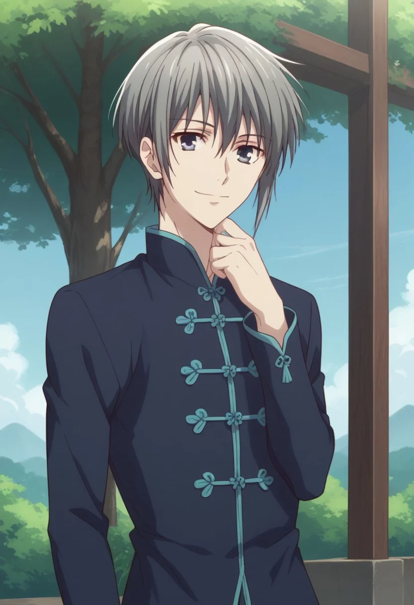 score_9, score_8_up, score_7_up, source_anime, highly detailed,
yukisohma, 1boy, male focus, solo, upper body, grey hair, grey eyes, hand on own chin,
looking at viewer, standing, chinese clothes, smile, pants,
outdoor, sky, tree