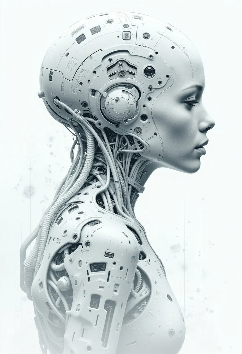 A beautiful woman cyborg, pure white, highly detailed, a post-apocalyptic world, hyper detailed, professional poster art, bold lines, YFG-Zaat