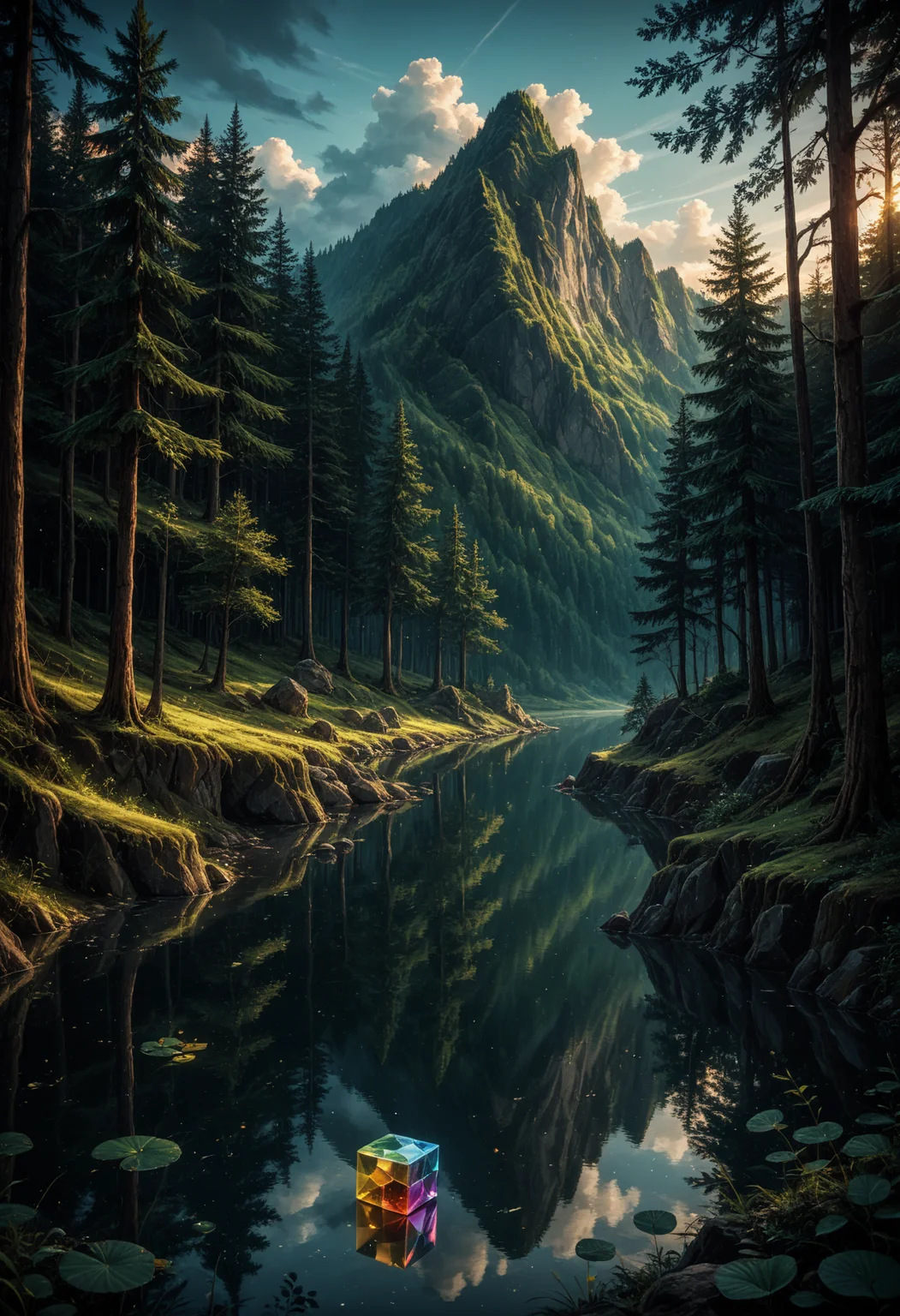 score_9, score_8_up, score_7_up, score_6_up, source_anime, masterpiece, newest,
neutrofil land, cube, iridescent geometry, forest, reflections, sky, outdoors, landscape