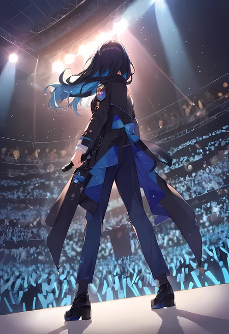 score_9, score_8_up, score_7_up, 1girl, solo, chando (ado), black coat, rose-streak clothes, blue roses, black footwear, long hair, black hair, blue hair, two-tone hair, blue pants, coat, holding, microphone, standing, concert, virtual youtuber, idol, from behind, from below, stage, stage light, faceless, performance, glowstick <lora:From_behind_-_on_stage:0.75>