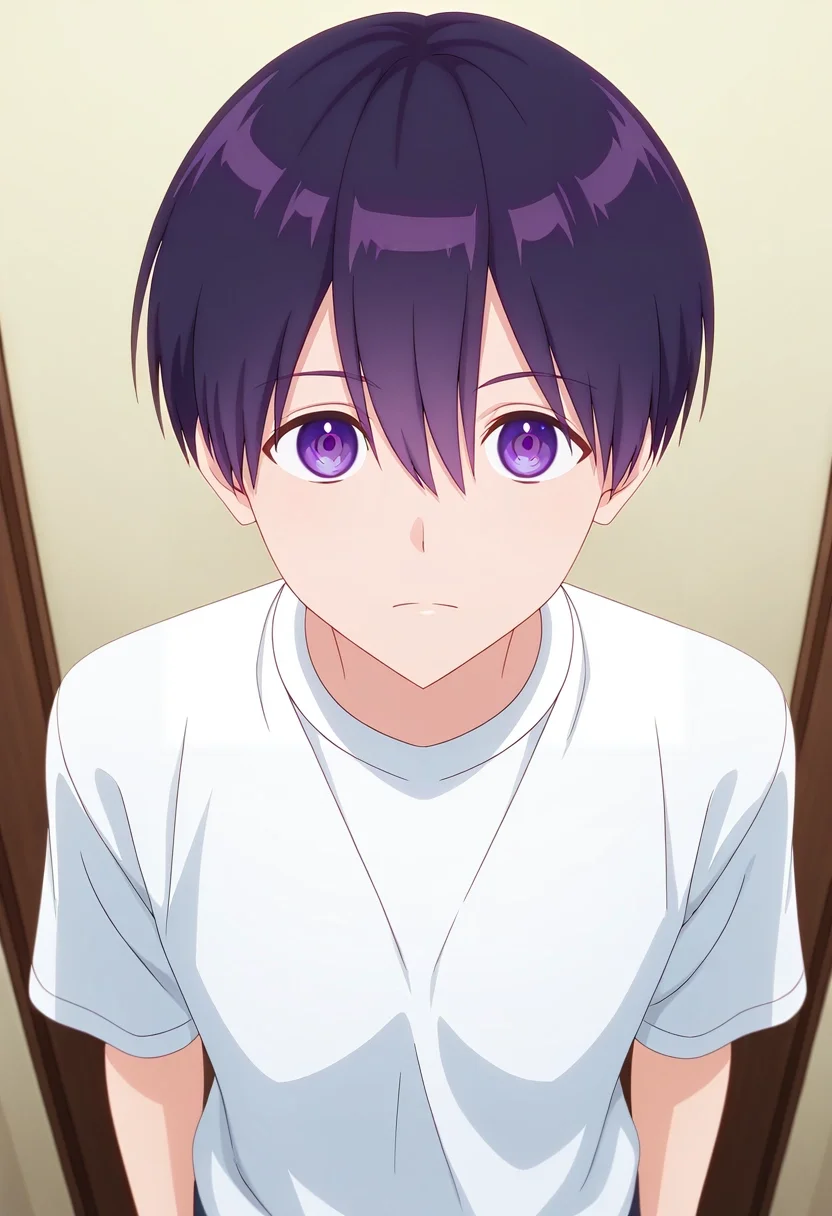 masterpiece, best quality, , (3d:0.4), looking at viewer, 1boy, solo, male focus, <lora:yuuki_izumi_ilxl:0.9>, yuuki_izumi, purple hair, purple eyes, short hair, bangs, hair between eyes, ,
