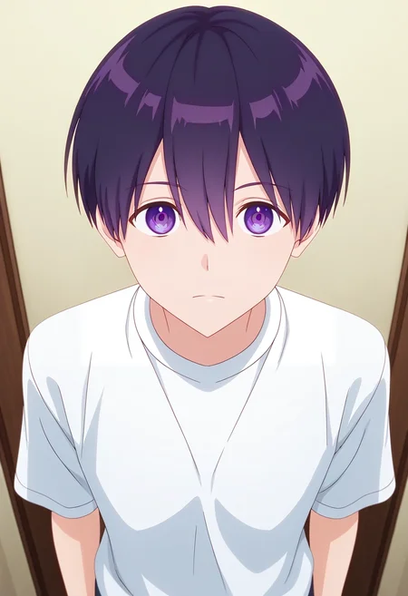 masterpiece, best quality, , (3d:0.4), looking at viewer, 1boy, solo, male focus, <lora:yuuki_izumi_ilxl:0.9>, yuuki_izumi, purple hair, purple eyes, short hair, bangs, hair between eyes, ,