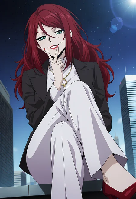 masterpiece,best quality,amazing quality,
1girl, solo,
Sophie Belle (Cardfight Vanguard), long hair, red hair, hair between eyes, green eyes, lipstick, red lips, makeup, jewelry, necklace, turtleneck, black jacket, white pants, high heels,
Smile, teeth, looking at viewer,
cinematic, cross legs, upper body,
Outdoors, On top skyscraper, sci-fi city, star (sky),
Lens flare, bloom,
Official style, anime screencap, anime coloring,
v hand, v on mouth, smug,
