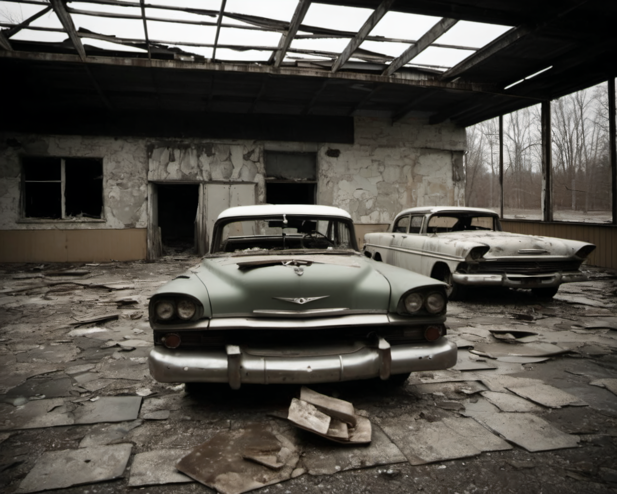 best quality, realistic, vray, hdr, in a post-apocalyptic abandoned shopping plaza, broken storefront windows, debris-filled dried fountain, abandoned cars., by Weegee (Arthur Fellig), Chern4byl enviroment  <lora:Chenorbyl_v1:0.8>