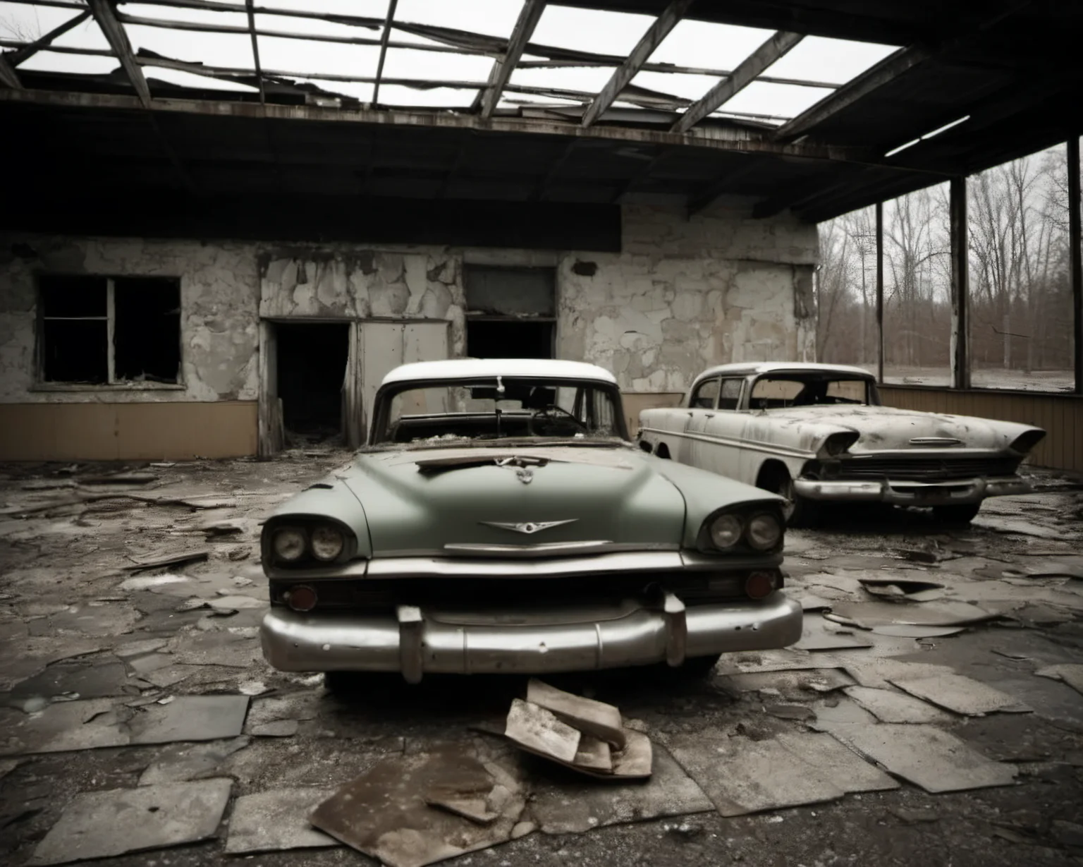 best quality, realistic, vray, hdr, in a post-apocalyptic abandoned shopping plaza, broken storefront windows, debris-filled dried fountain, abandoned cars., by Weegee (Arthur Fellig), Chern4byl enviroment <lora:Chenorbyl_v1:0.8>