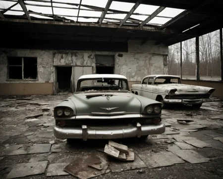best quality, realistic, vray, hdr, in a post-apocalyptic abandoned shopping plaza, broken storefront windows, debris-filled dried fountain, abandoned cars., by Weegee (Arthur Fellig), Chern4byl enviroment  <lora:Chenorbyl_v1:0.8>