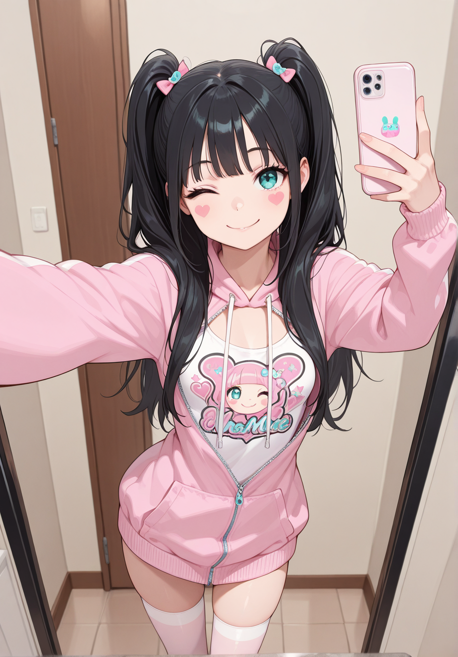 masterpiece,best quality,amazing quality,1 girl,selfie ,smile ,standing,playful wink,street <lora:Adorable_fashion_illust:1> adorable fashion,jacket,thighhighs, face stickers, kawaii make_up, 1 girl ,double ponytail , bangs ,black hair,aqua eyes,small breasts