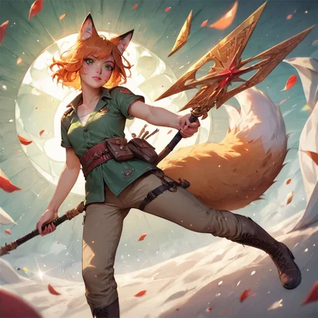 (score_9), (score_8_up), (score_7_up), (score_6_up), (score_5_up), (score_4_up), (masterpiece), best quality, detailed eyes, female, small breasts, petite, fox ears, fox tail, orange hair, green tunic, brown pants, brown boots, leather armor, action pose, ranger,