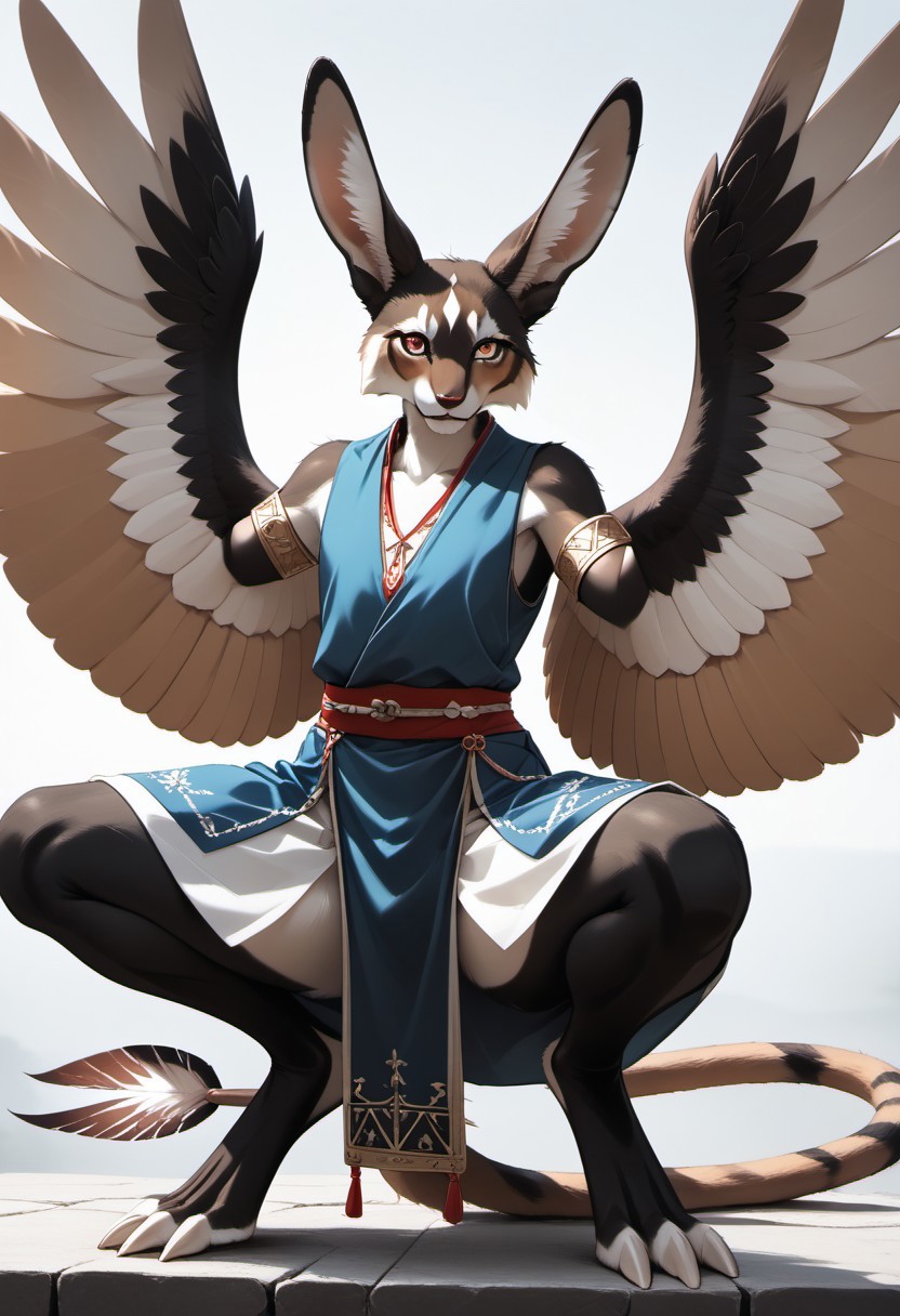 1person, Palagiri, anthro, feline features, feline nose, large ears, ((wings)), ((armless)), perfect wings,
3/4 view, perfect face, ((prehensile toes, long toes)), ((feathers-tipped tail, fanned tail-tip)),
digitigrade legs, pelvic curtain tunic,
Source: anime, score: 9, score: 8up,