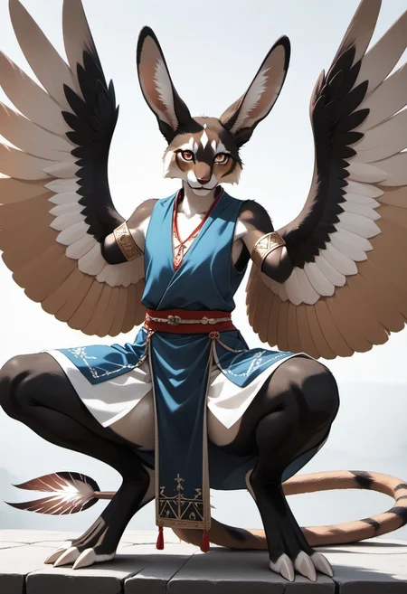 1person, Palagiri, anthro, feline features, feline nose, large ears, ((wings)), ((armless)), perfect wings,
3/4 view, perfect face, ((prehensile toes, long toes)), ((feathers-tipped tail, fanned tail-tip)),
digitigrade legs, pelvic curtain tunic,
Source: anime, score: 9, score: 8up,