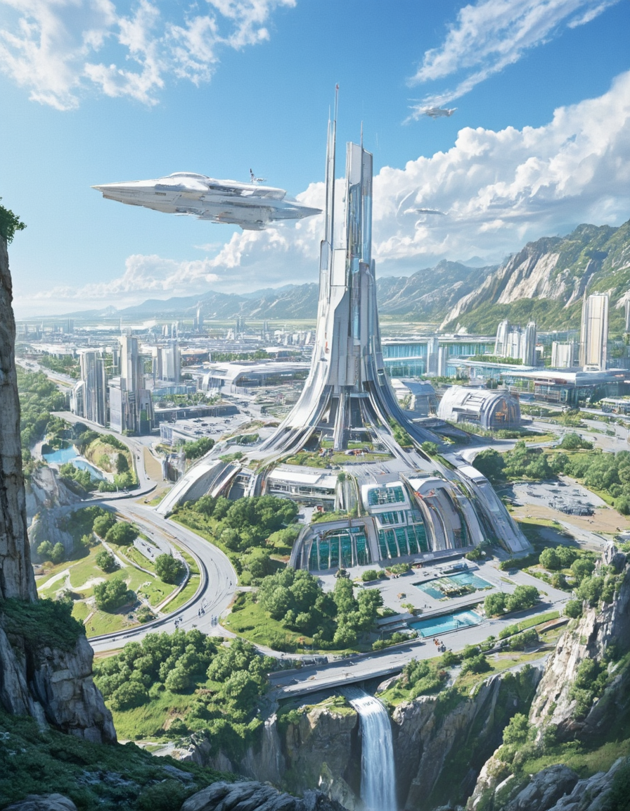 <lora:INWYTK_01a_flux:1> inwytk01flux, r1d, a beautiful scenery with a large spaceport with many spaceships parked, huge white ship in the sky, people walking around the area. In front of it is an enormous futuristic design building made out of white and grey stone and glass. gre1n, vegetation, waterfall, river, b1own, on the top of rocky mountains,