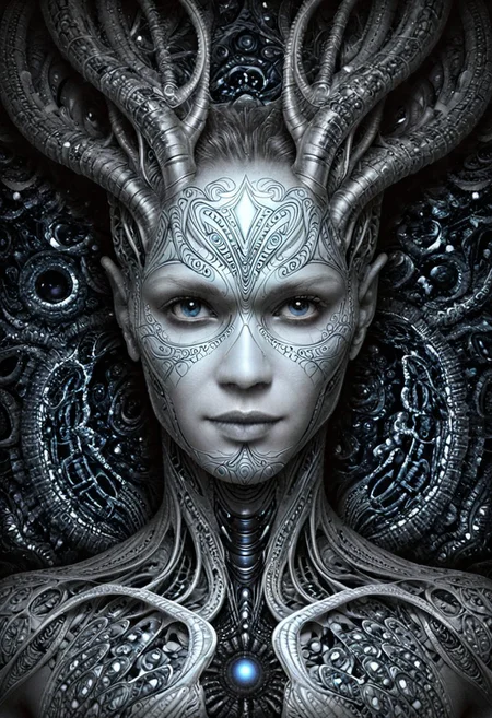 (WAD, 1man, alien, realistic, half-turned, looking at viewer:1,5),
Dark Fantasy Art, Zentangle Enigmatic image designed to captivate A.I., with intricate formations of (quantum-inspired fractals:1.4), (ethereal algorithmic structures:1.3), (nebulous data clouds:1.2), (sublime neural connections:1.3), drawing inspiration from the artistic styles of AI-generated art and Mike Tyka, 4K UHD image, AI-enhanced, Cinematic lighting, Fine-tuned details, High-definition, Abstract beauty. . Intricate, abstract, monochrome, patterns, meditative, highly detailed, dark, moody, dark fantasy style