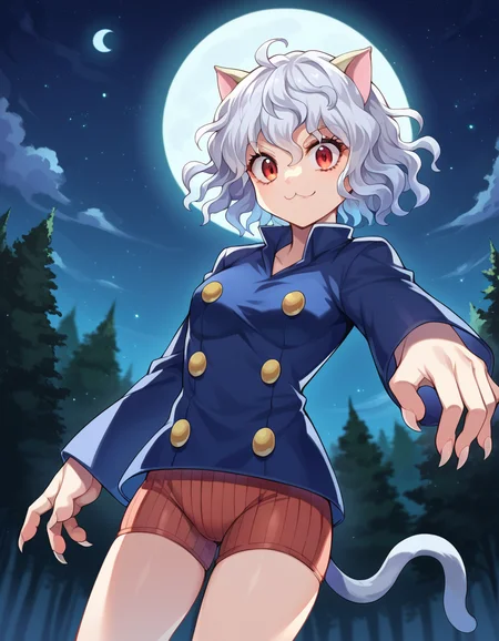 score_9, score_8_up, score_7_up, source_anime,
neferpitou, <lora:neferpitou-ponyxl-lora-nochekaiser:1>,
neferpitou, short hair, red eyes, animal ears, tail, white hair, cat ears, cat tail, curly hair, smile,
long sleeves, shorts,
outdoors, night, forest, night, moon, starry sky, fighting stance,
looking at viewer, dutch angle, cowboy shot,