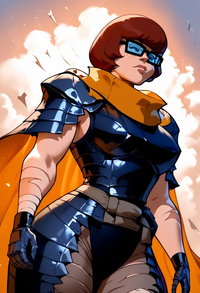 score_9, score_8_up, score_7_up
, masterpiece, beautiful,
1girl, Velma, brown hair, black eyes, no sclera, glasses,
,face scars, left eye closed,view from below, wide hips,,1 girl, big breast, Guscoplay,black tattered cape, cape draped shoulders, Gray armor, thick belt, brown pants,bandajes on left hand, right arm metal gaunttlet, armored chest piece,metal knee pads, shoulder metal pauldron with rivets,
