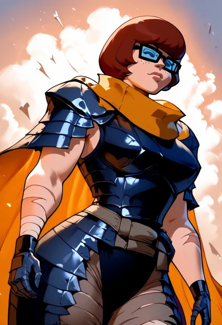 score_9, score_8_up, score_7_up
, masterpiece, beautiful,
1girl, Velma, brown hair, black eyes, no sclera, glasses,
,face scars, left eye closed,view from below, wide hips,,1 girl, big breast, Guscoplay,black tattered cape, cape draped shoulders, Gray armor, thick belt, brown pants,bandajes on left hand, right arm metal gaunttlet, armored chest piece,metal knee pads, shoulder metal pauldron with rivets,