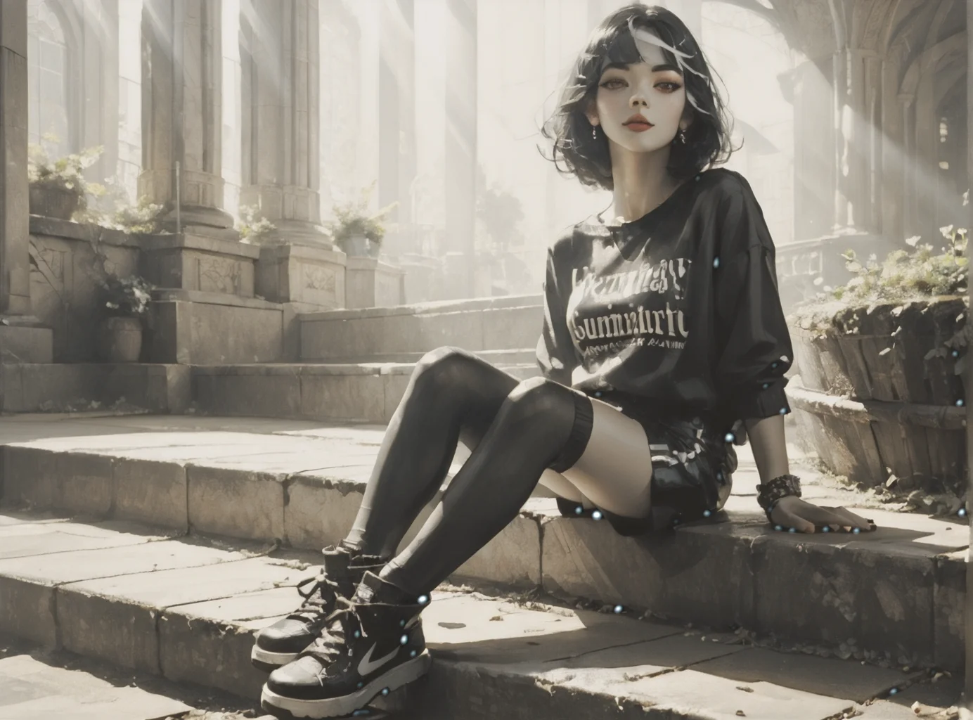 score_9, score_8_up, score_7_up, Environmental scene, character off to side, sitting in repose enjoying the view, 1girl, pale skin, medium breasts, <lora:sm0k3XLP:1>, <lora:goth_clothes:1>, goth casual clothes, jewelry, black stockings, black shorts, Black hair, white highlights, <lora:Our_Muted_Future_Style:1>, <lora:0780 light rays_v1_pony:1> ruanyi0780, light rays, light, sunlight, sunbeam,