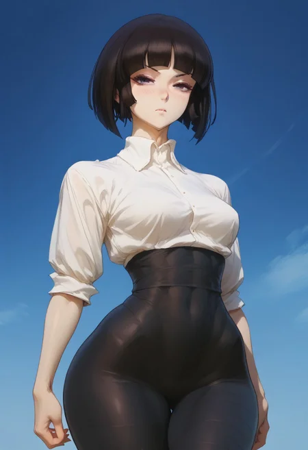 score_9_up, score_8_up, score_7_up, Anime_source,score_9, score_8_up, score_7_up, rating_explicit, uncensored ,
1girl, focus, ,
Kivye, black eyes, black hair, short hair, blunt bangs, short hair,
normal uniform, black pantyhose not transparent ,white shirt,black pantyhose, Battle clothes,
sexy slender curvy body, (sexy thick thighs), extremely sexy legs, blush, nose , sexy body, wide hips and narrow waist, ,