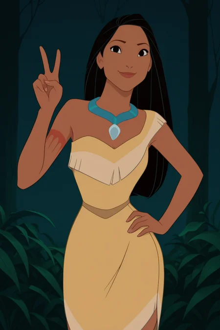 retro artstyle, 1990s (style), score_9, score_8_up, score_7_up, score_6_up, score_5_up, score_4_up, BREAK, <lora:Pocahontas:1>, 1girl, Poca, dark skin, black eyes, black hair, necklace, yellow dress, short dress, strapless, standing, hand on hip, peace sign, smiling, ((closed mouth))