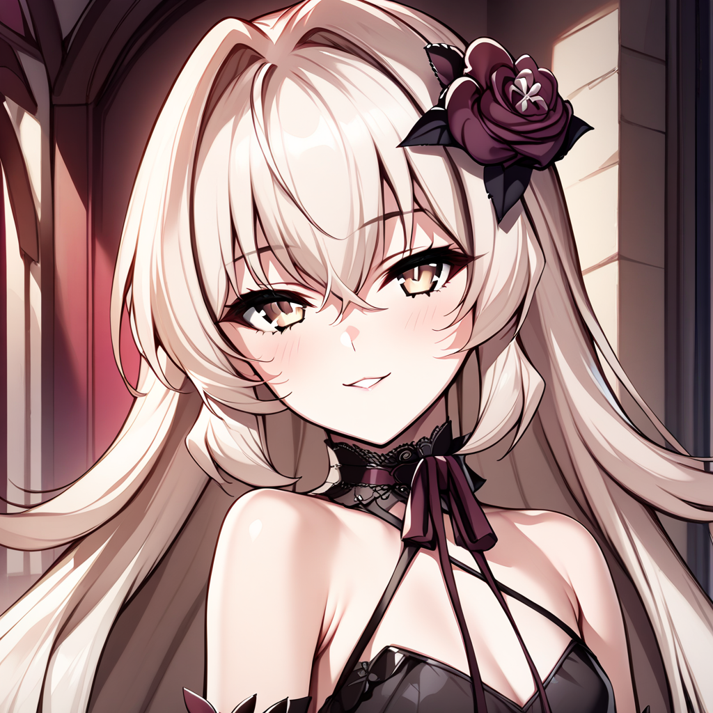 eve meitner, 1girl, solo, long hair, flower, hair ornament, hair flower, dress, looking at viewer, black dress, bare shoulders, bangs, portrait, seductive smile,  <lora:XL-EveMeitnerv1.5:1>, (masterpiece),(best quality),(ultra-detailed),(best illustration),(best shadow),(absurdres),(detailed background),(very aesthetic),