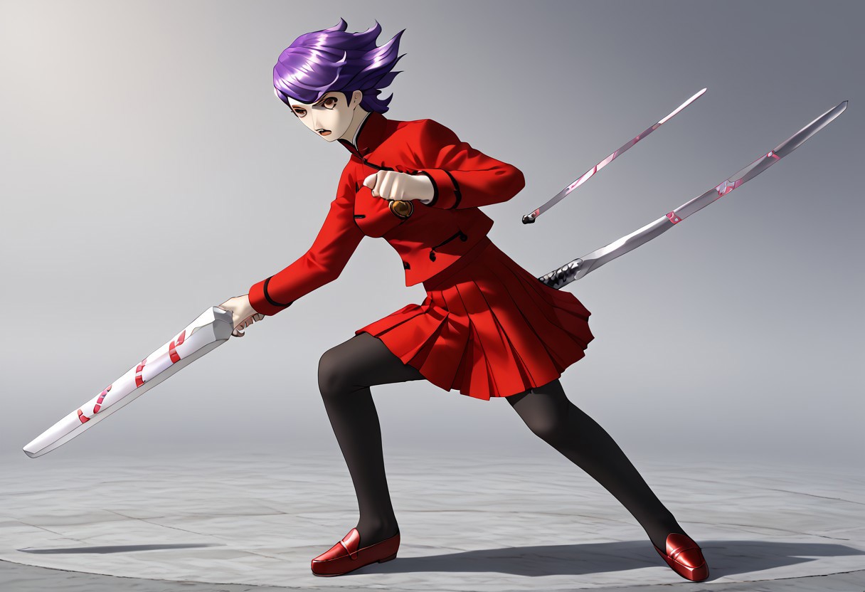 score_9,score_8_up,score_7_up,source_anime,5_figner,2d_animation,game cg,BREAK,1girl,solo,18 years old,sagami_kei,short hair,swept bangs,purple hair,brown eyes,red lips,red school uniform,red skirt,pleated skirt,black pantyhose,long sleeves,shoes,sword,fighting stance,
medium breasts,serious,kanekostyle, lipstick, eye shadow, eyelashes,
masterpiece,best qualit,ultra-detailed,illustration,an extremely delicate and beautiful,beautiful detailed eyes,unity 8k wallpaper,high resolution,anime CG,official_art,