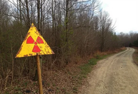 Roadside radiation warning rusty and damaged sign, yellow triangle with red radioactive symbol; surrounded by barren trees, leafless branches, forest in background with sparse foliage, overcast sky, dirt pathway leading into the distance, muted colors, outdoor wilderness setting, composition slightly tilted, amateur quality., 