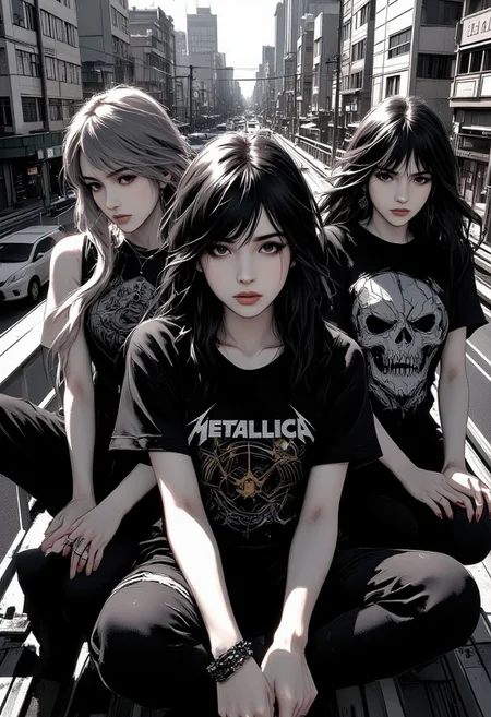 Special Ink-drawing mode, Mh1$AgThS2, intricate linework with expressive contrasts, Japanese female idol group, 3 japanese women, each wearing different heavy metal "Metallica" t-shirts, streetwear, posing on a pedestrian bridge over a busy Tokyo cityscape, album photoshoot, directional lighting, moody poses