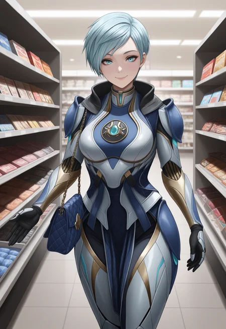 masterpiece, best quality, amazing quality, 1girl, fr0stmk11, <lora:frost_illustrious_byJaneB:1> ,
armor, shop, handbag, shopping, smile,