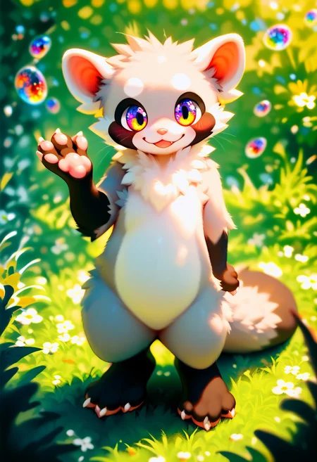 zuppu11, full body, solo, furry, score_9, score_8_up, look at viewer, male focus, raibow eyes, rainbow eyes, no humans, fractal iris, furry male, ferret standing on grass, happy, smile, flux-style, detailed eyes, blushing, zPDXL3